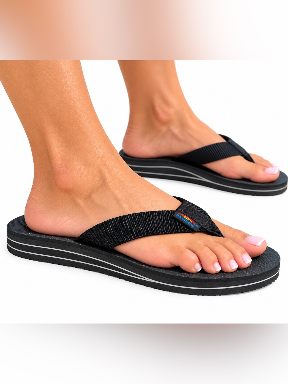 Rainbow Classic Double Layer Sandals Arch Nylon Strap Black Large 7.5-8.5
